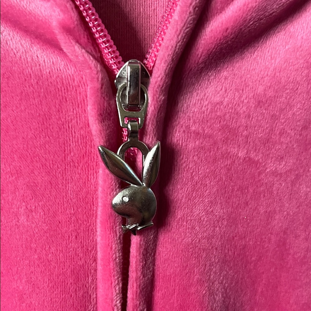 PLAYBOY Pink Velour Full Zip Hoodie Rhinestone Bunny Logo Size Small - Picture 5 of 9